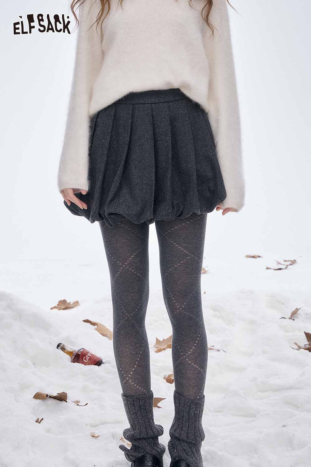 ELFSACK stylish charcoal pleated skirt paired with breathable mesh leggings for women in snowy setting