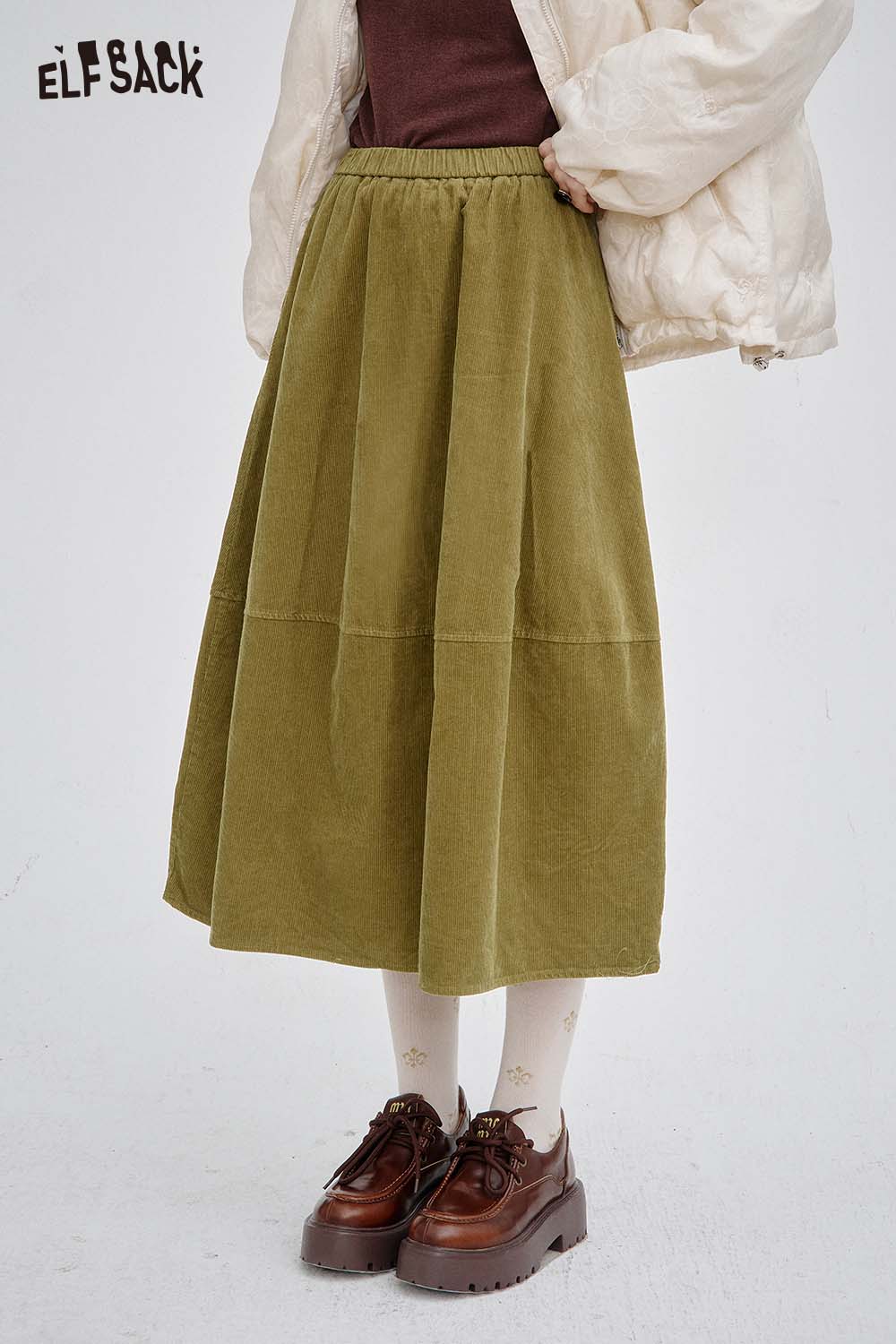 ELFSACK breathable midi skirt for women in olive green with a comfortable elastic waistband