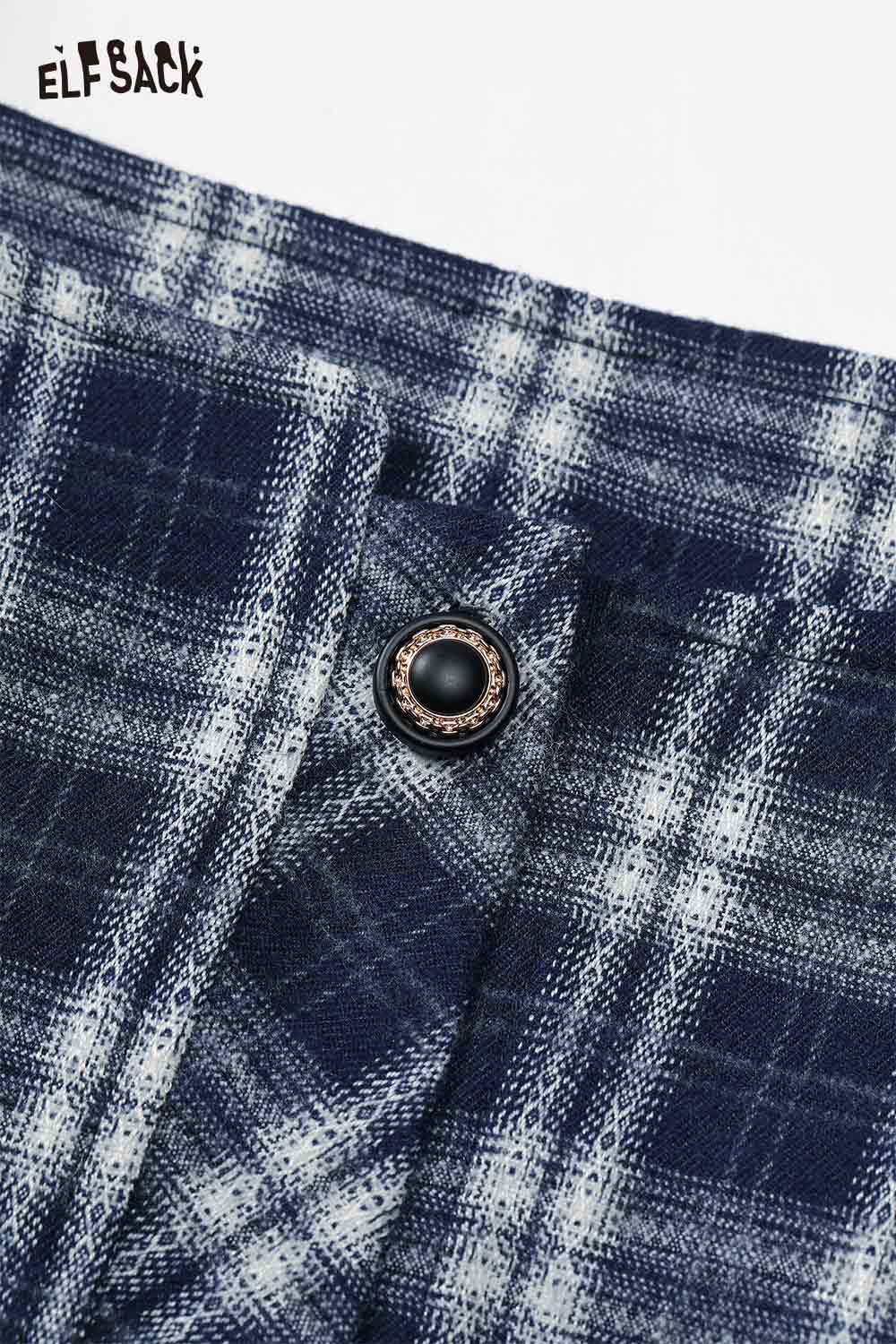 ELFSACK breathable plaid a-line skirt set with button detail and stylish navy pattern