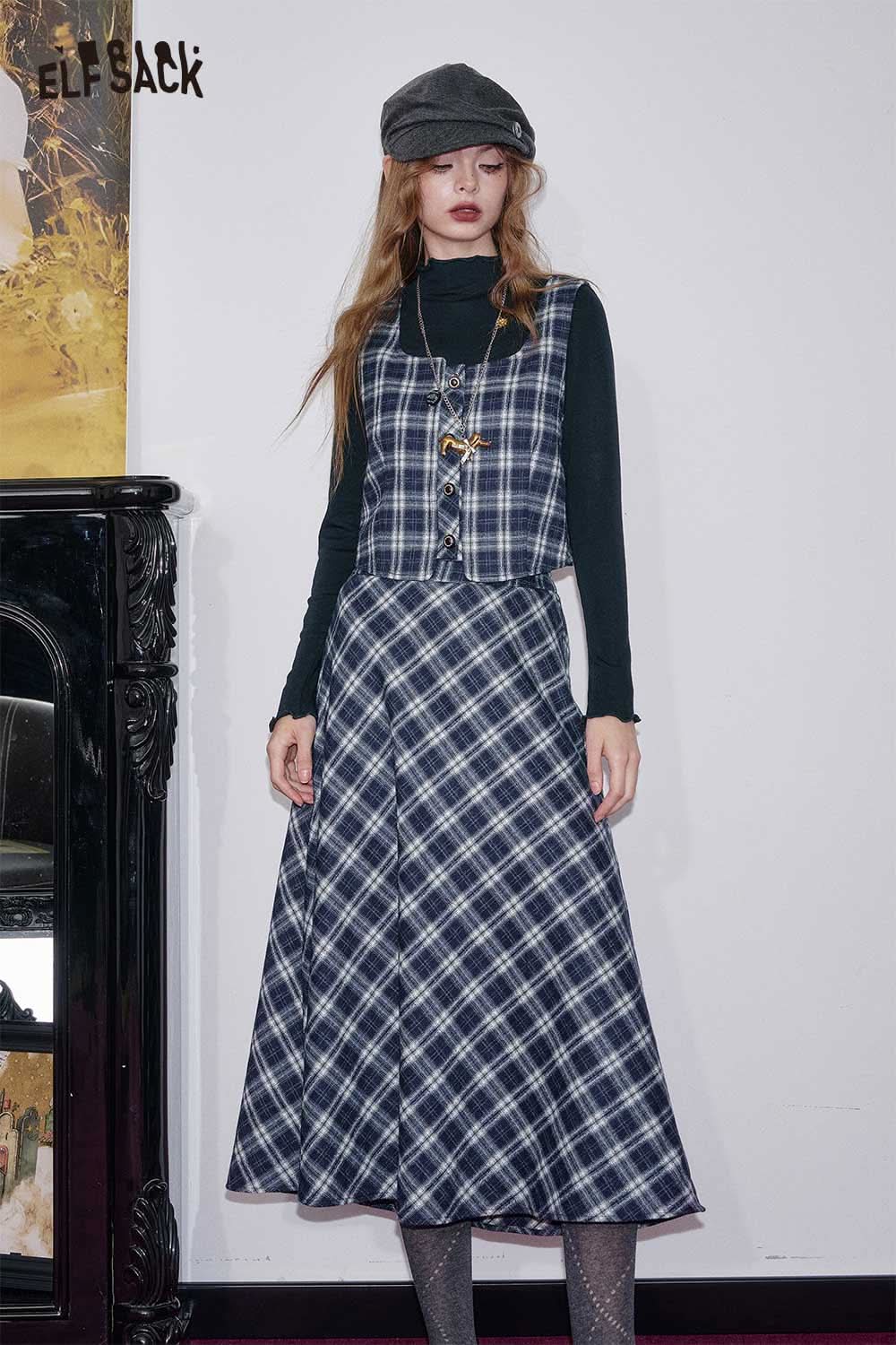 ELFSACK breathable plaid a-line skirt set with a fitted top and flowing skirt for a stylish look
