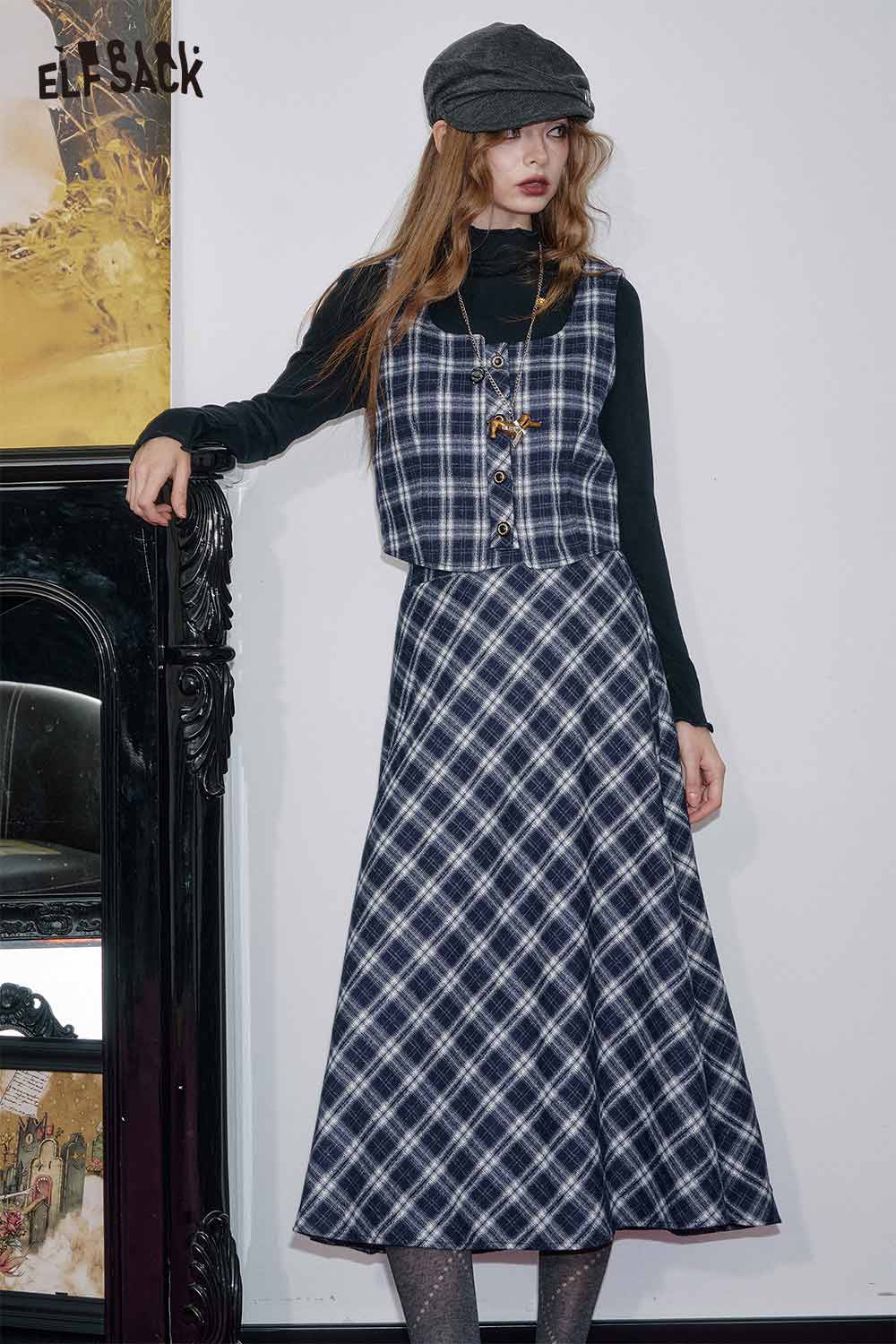 ELFSACK breathable plaid a-line skirt set with a stylish cropped top and long skirt for a chic look