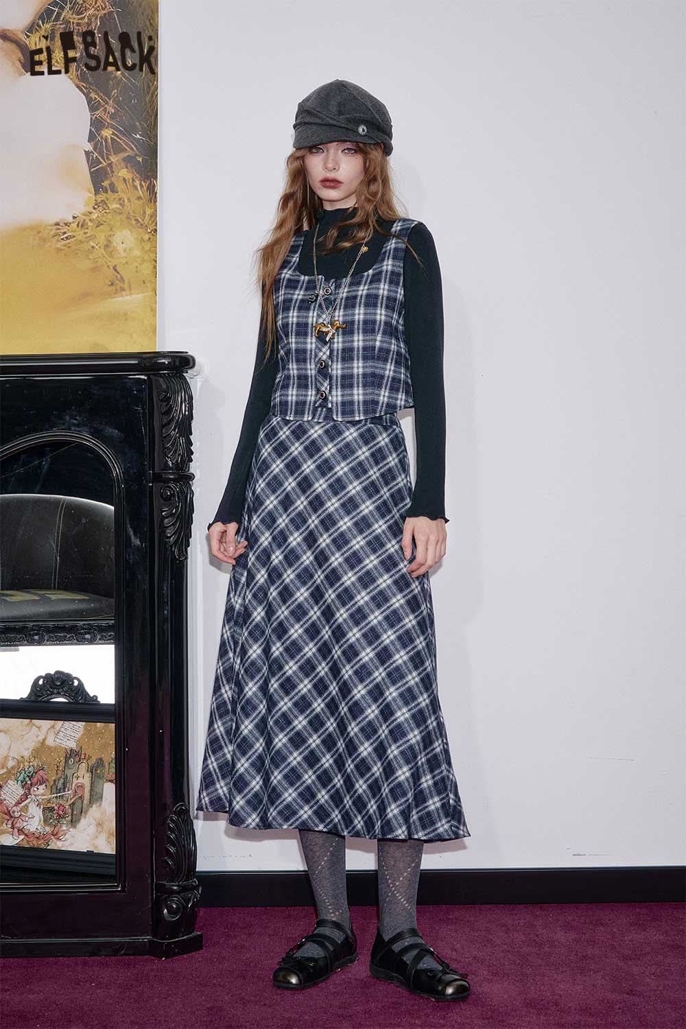 ELFSACK breathable plaid a-line skirt set featuring a stylish top and flowing skirt for a chic look
