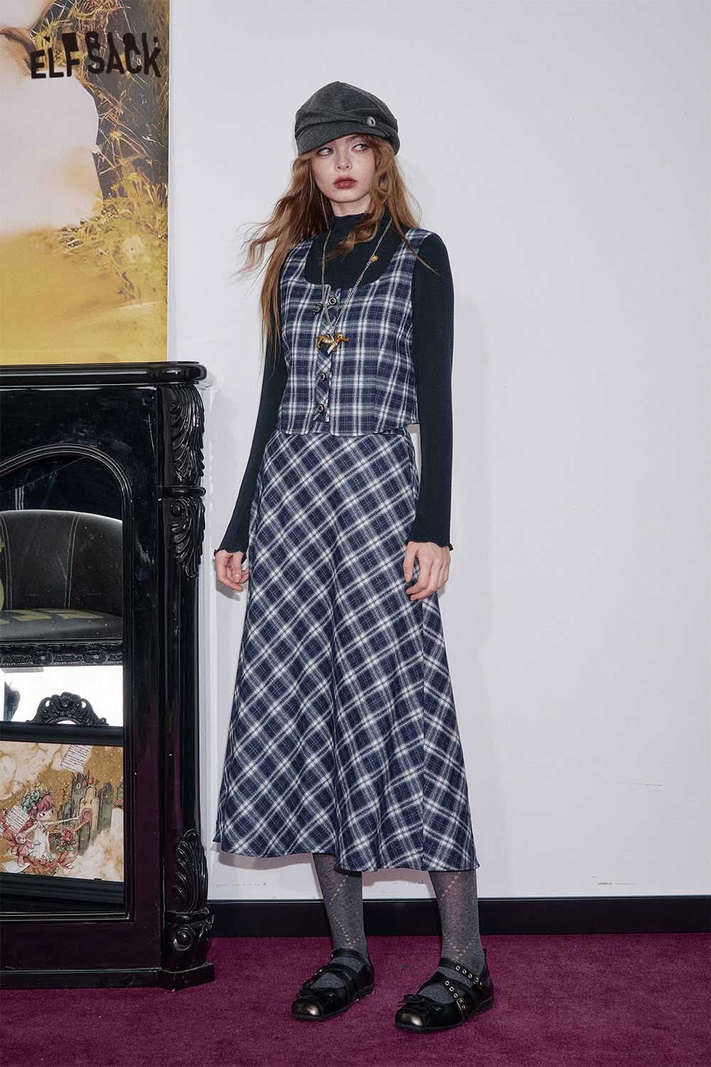ELFSACK breathable plaid a-line skirt set styled with a black top and accessories for a chic look