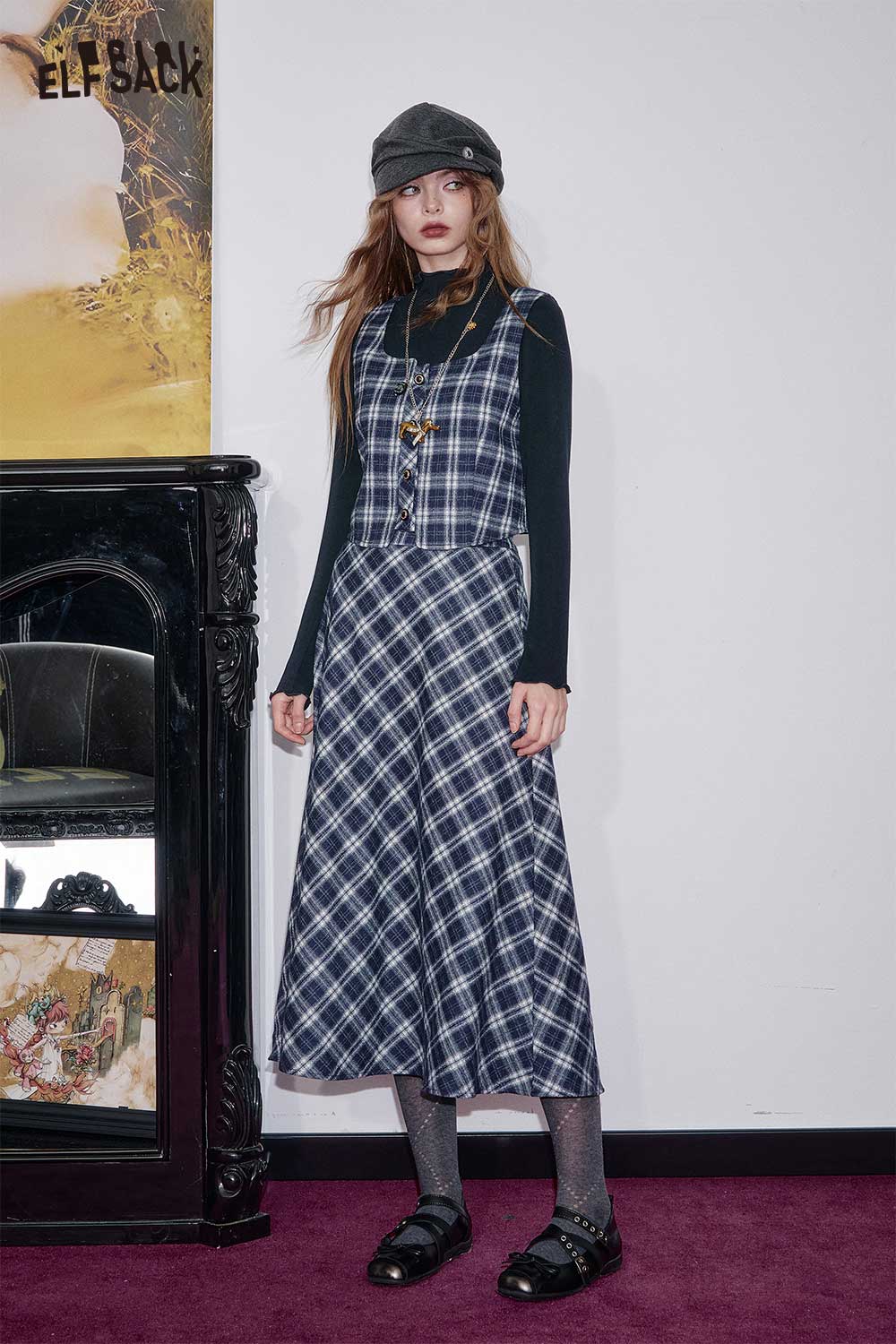 ELFSACK breathable plaid a-line skirt set styled with a black top and accessories for a chic look