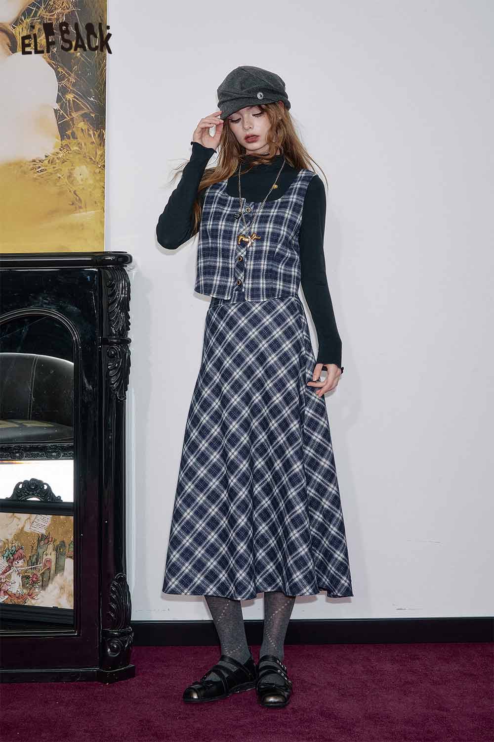 ELFSACK breathable plaid a-line skirt set featuring a sleeveless top and long flowy skirt for a stylish look