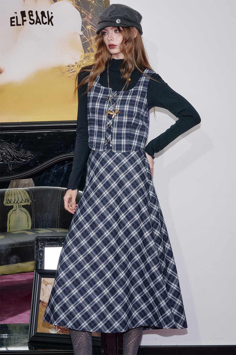 ELFSACK breathable plaid a-line skirt set featuring a stylish top and flowing skirt in a checkered pattern
