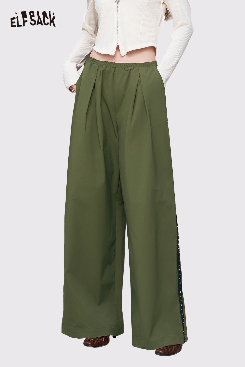 ELFSACK olive green pleated breathable straight leg pants for women with elastic high waist and side stud stripe