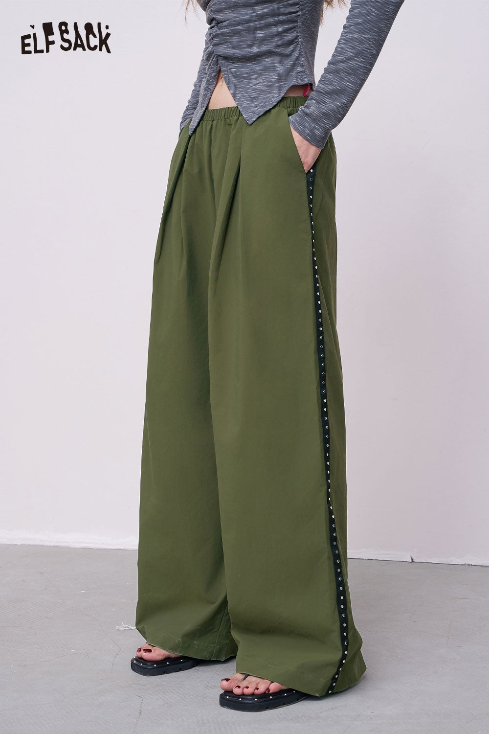 ELFSACK olive green breathable straight leg pants for women with studded side stripe and pockets