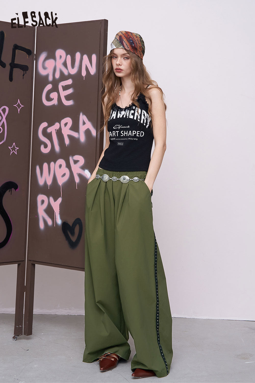 ELFSACK breathable straight leg pants for women olive green wide leg with side trim and decorative belt