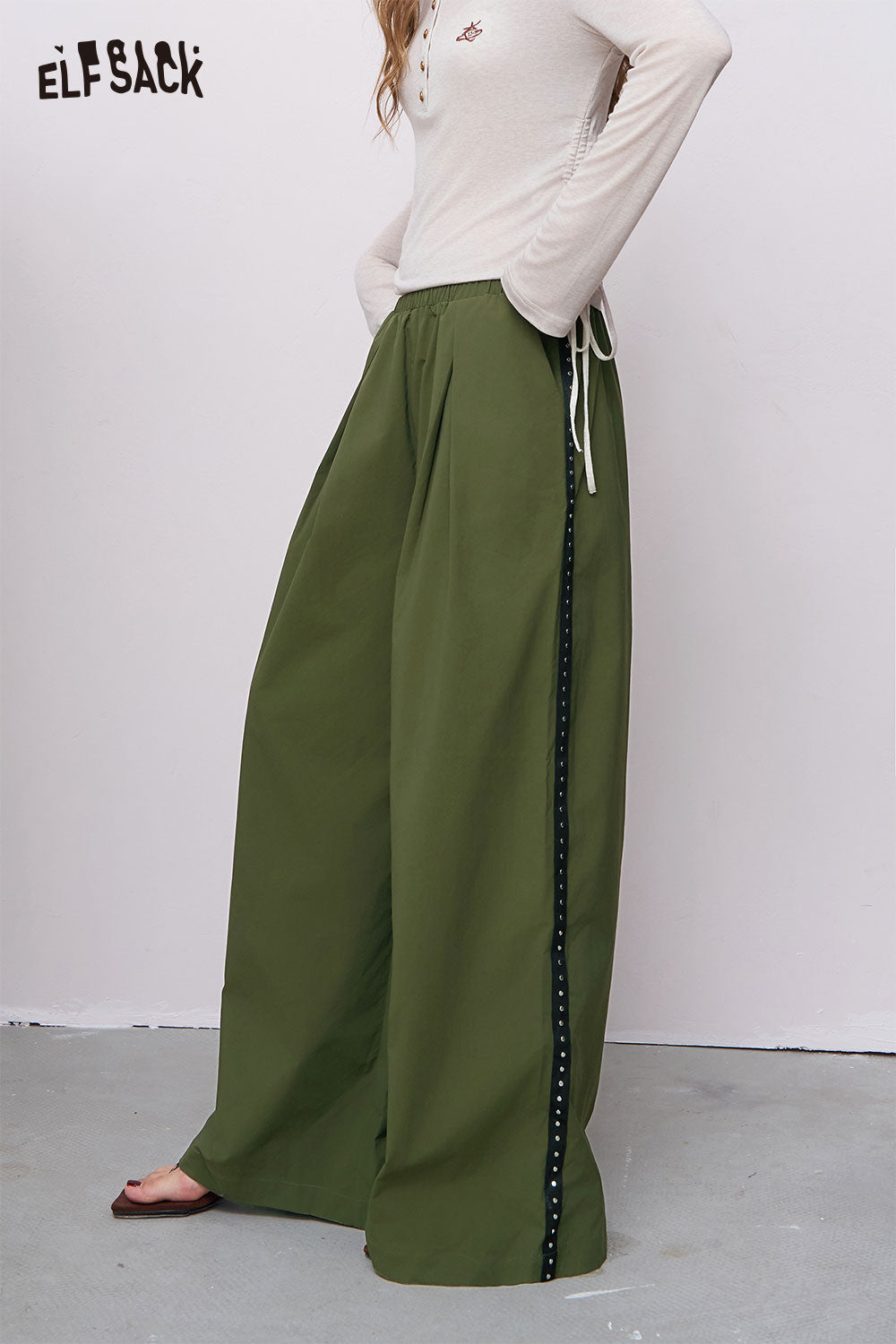 ELFSACK olive green breathable straight leg pants for women with side studded stripe and drawstring waist