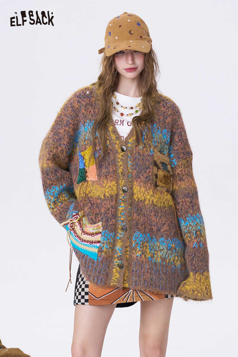 ELFSACK bright color V neck knit sweater with unique patterns and a relaxed fit