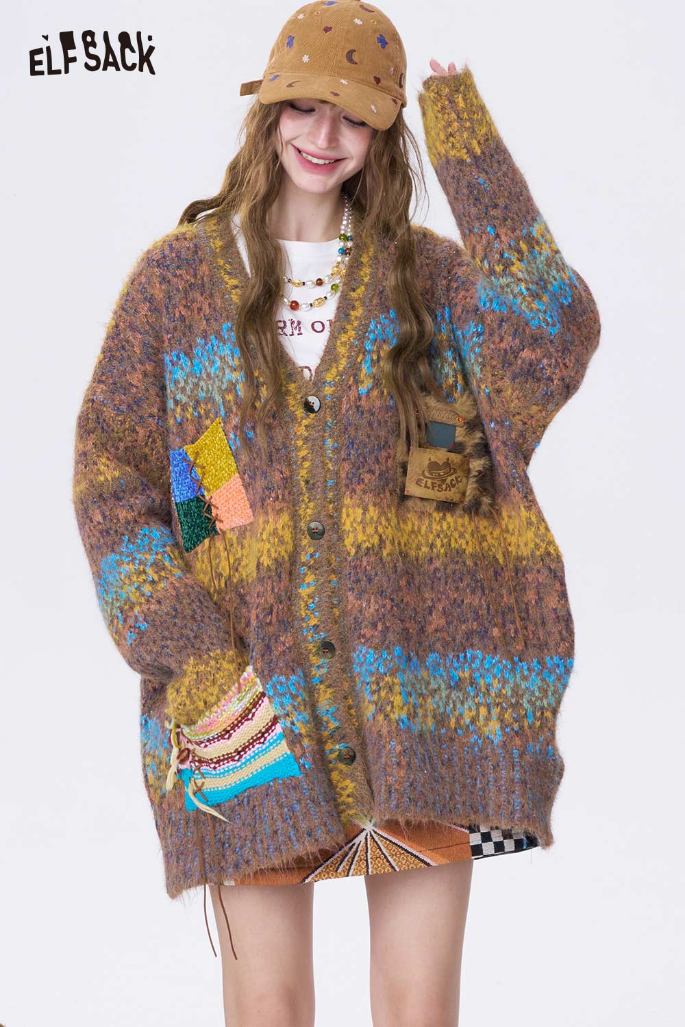 ELFSACK bright color V neck knit sweater with a relaxed fit and colorful patchwork details