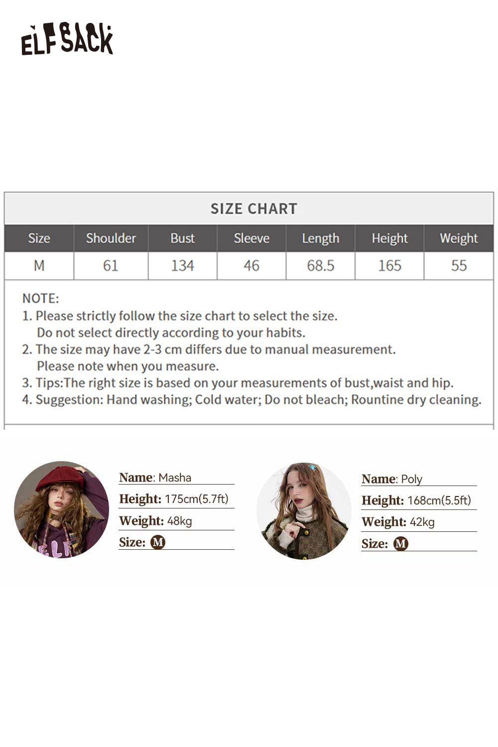 ELFSACK bright color V neck knit sweater displayed with a size chart for reference and styling options