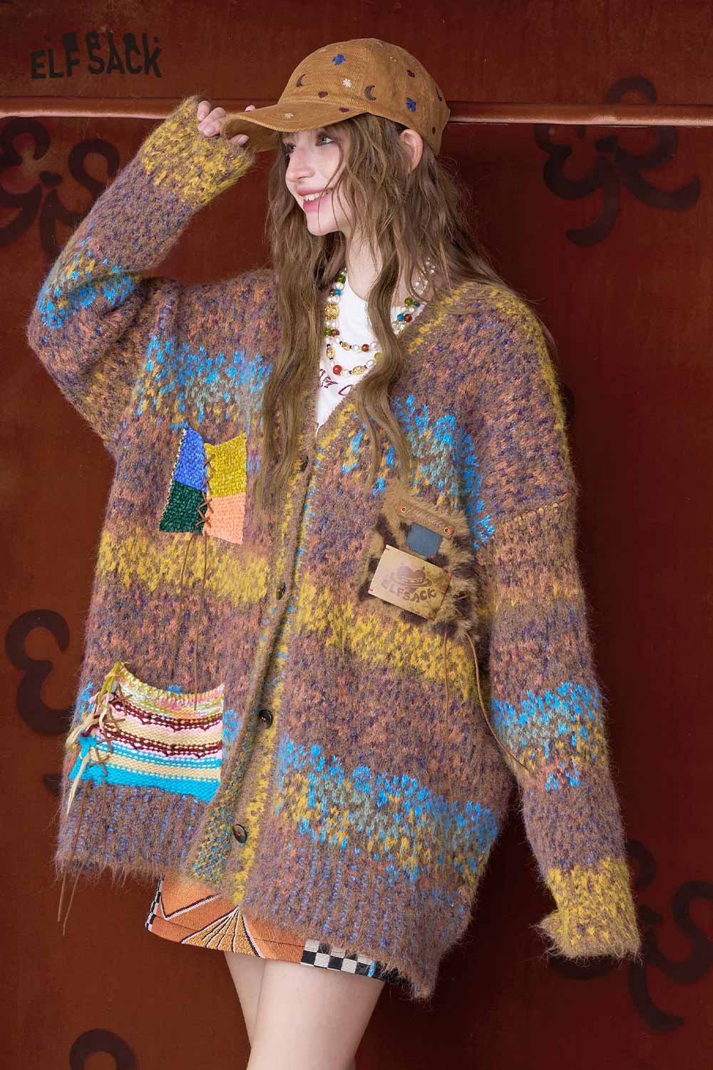 ELFSACK bright color V neck knit sweater with unique patchwork design and oversized fit