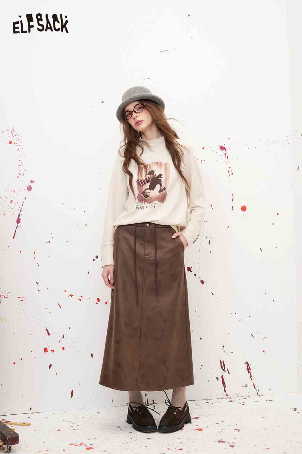 Brown Drawstring Midi Skirt
