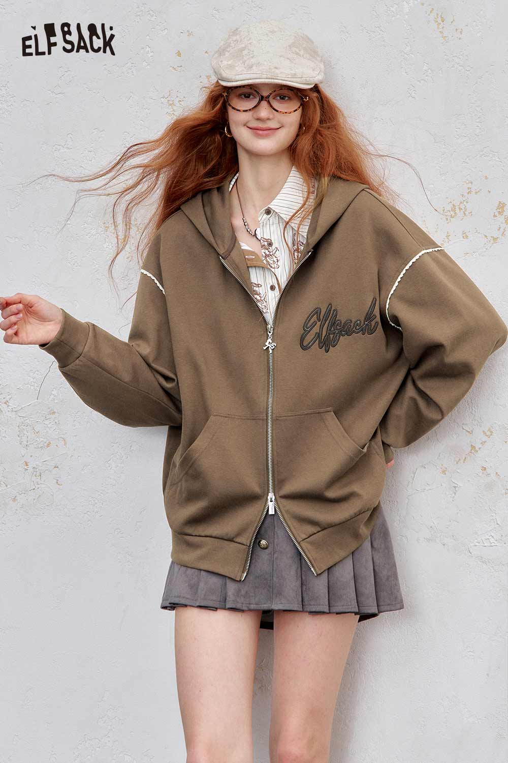 ELFSACK brushed French terry zip up hoodie in olive green with oversized fit and logo detail