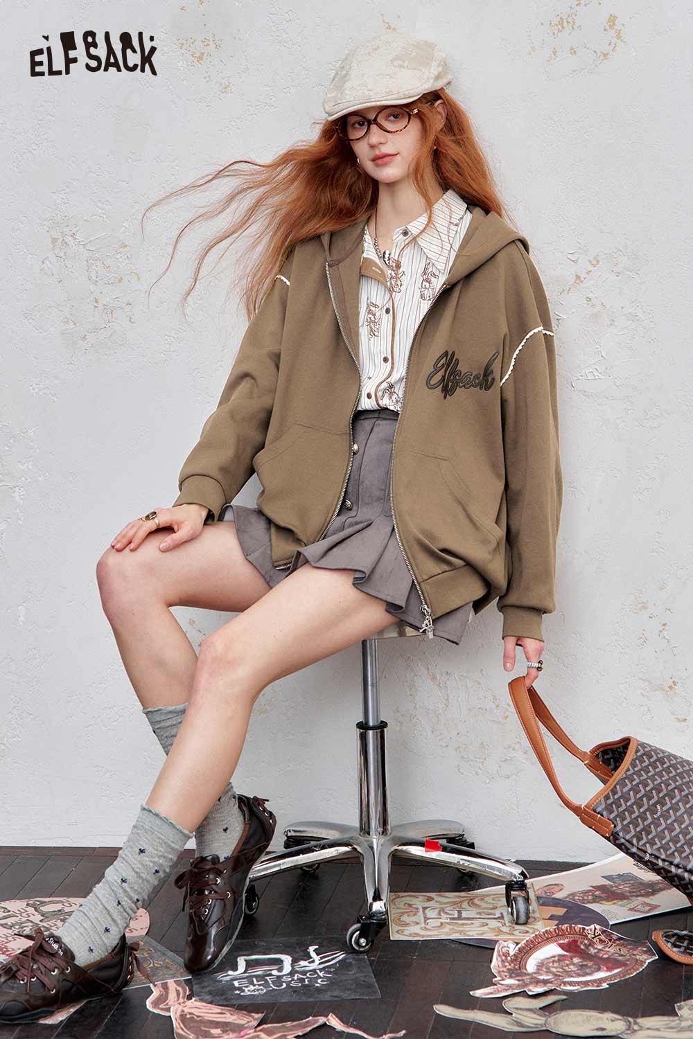 ELFSACK brushed French terry zip up hoodie in taupe, styled with a skirt and accessories for a trendy look