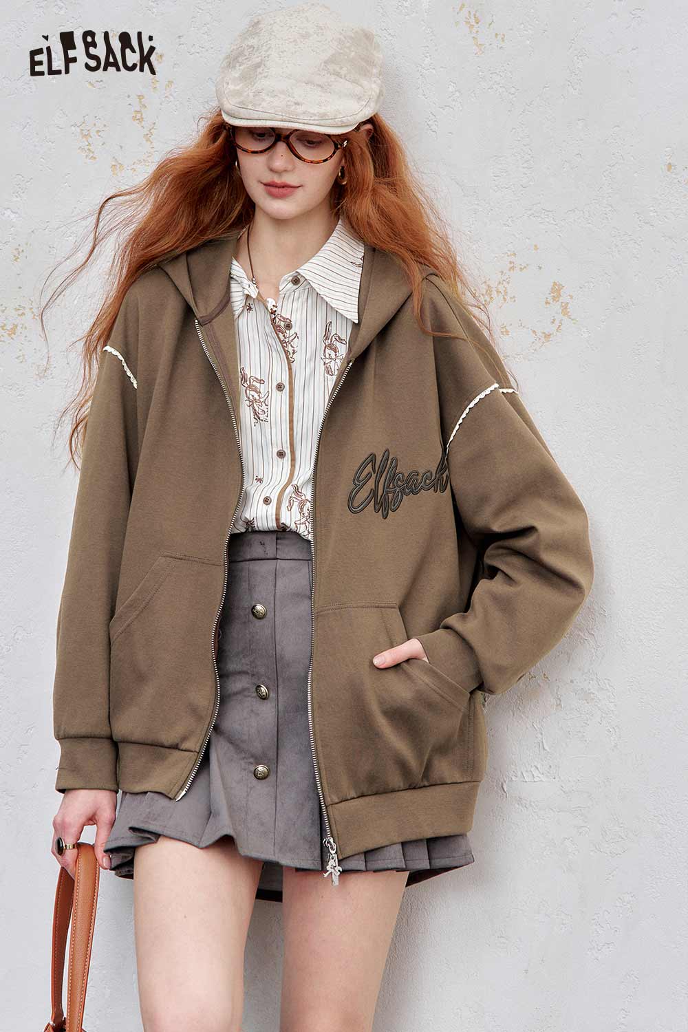 ELFSACK brushed French terry zip up hoodie in brown with a relaxed fit and front pockets