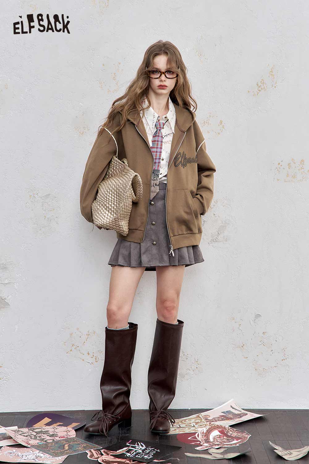 ELFSACK brushed French terry zip up hoodie in brown, styled with plaid shirt and gray skirt
