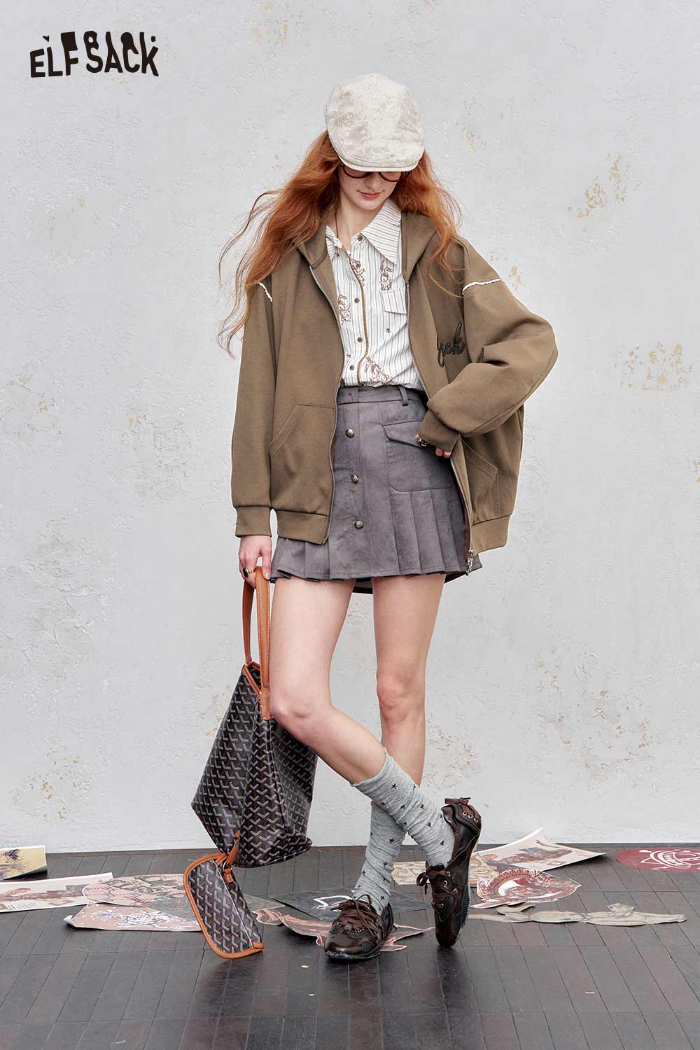 ELFSACK brushed French terry zip up hoodie styled with a gray skirt and accessories for a chic look
