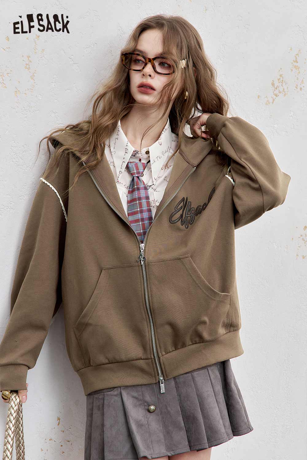 ELFSACK brushed French terry zip up hoodie in brown with embroidered logo and front pockets