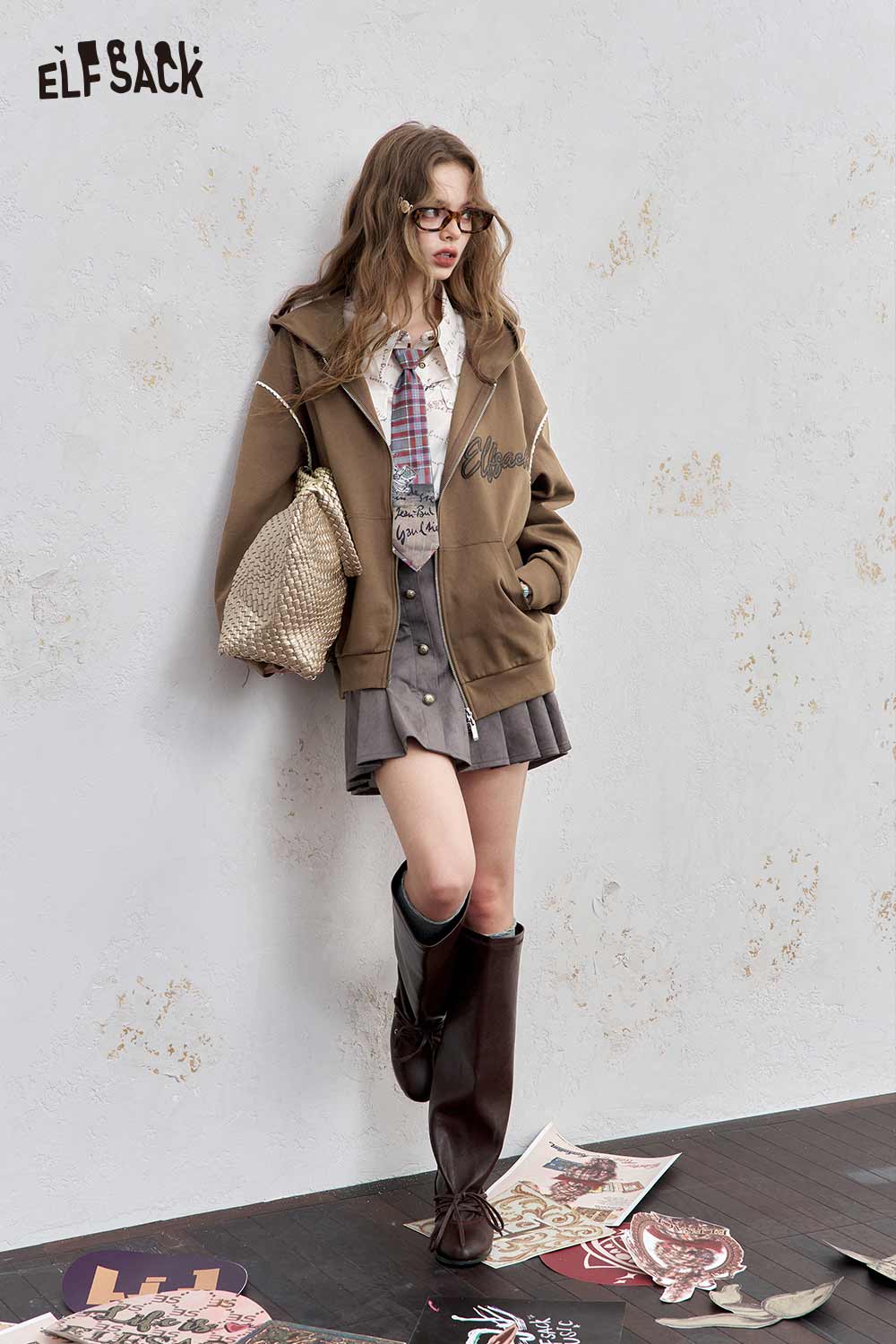 ELFSACK brushed French terry zip up hoodie in brown with stylish design for casual wear