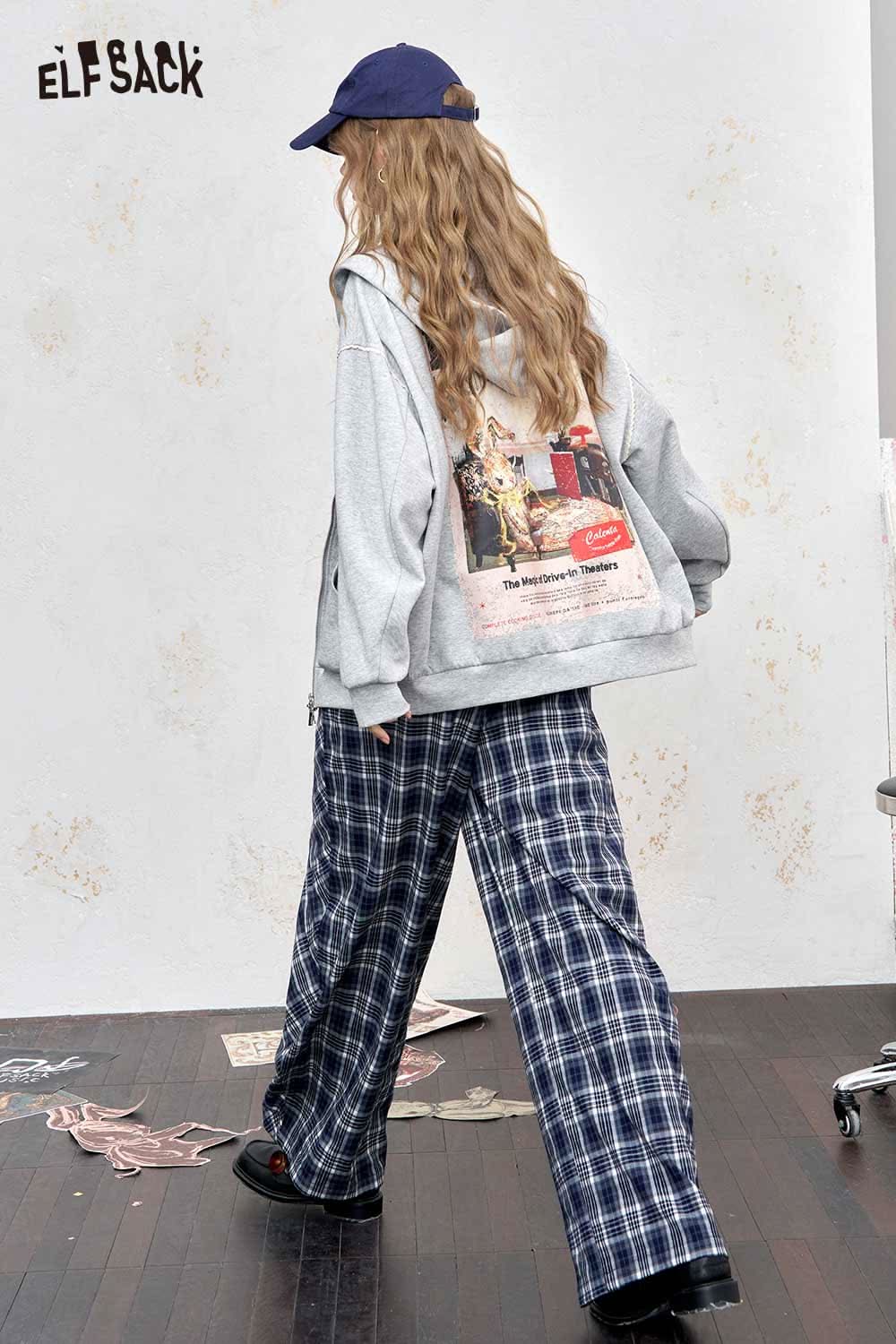 ELFSACK brushed French terry zip up hoodie paired with plaid pants for a stylish casual look