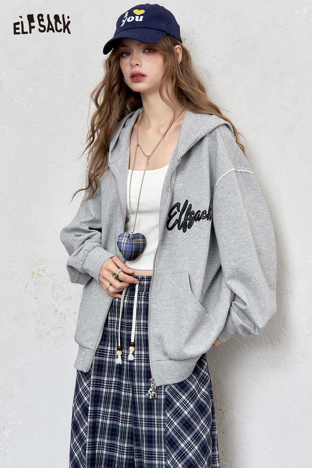 ELFSACK brushed French terry zip up hoodie in gray with oversized fit and stylish design