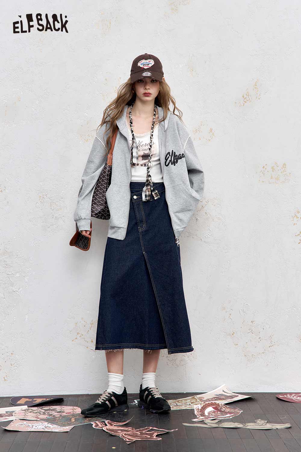 ELFSACK brushed French terry zip up hoodie in gray paired with a denim skirt for a casual look