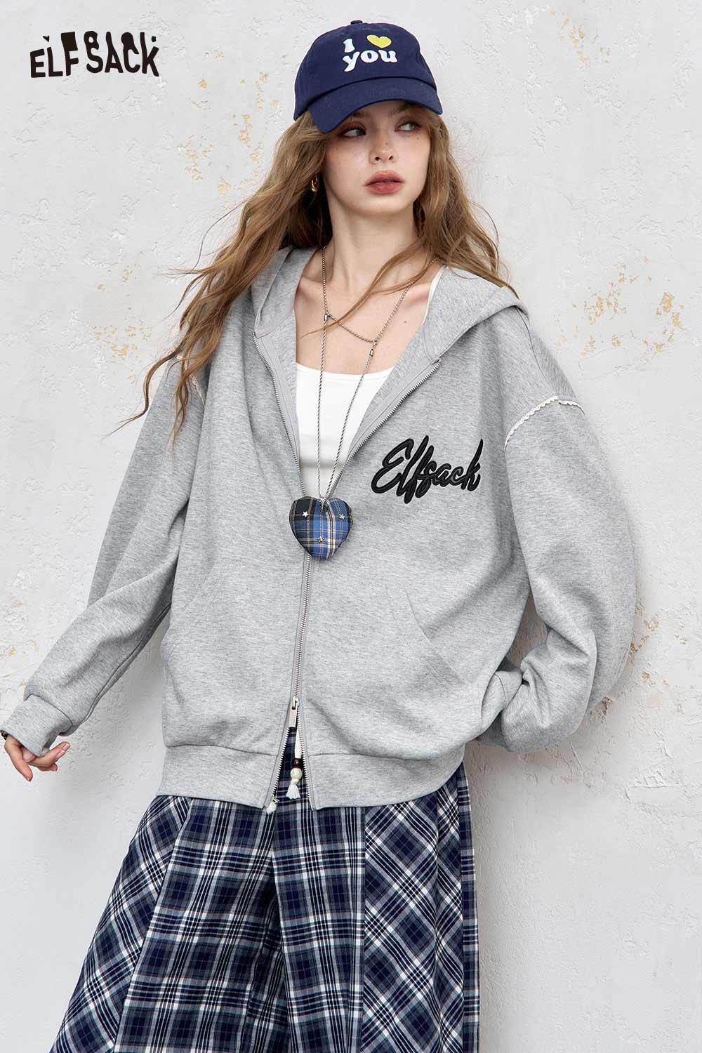 ELFSACK brushed French terry zip up hoodie in gray with a relaxed fit and stylish design