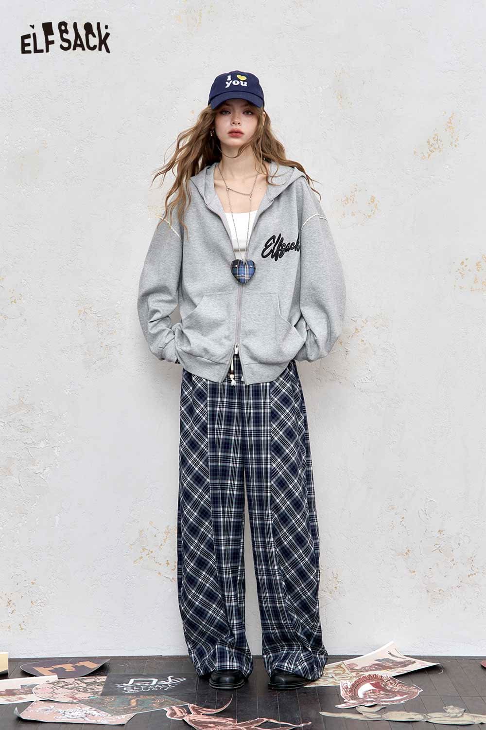 ELFSACK brushed French terry zip up hoodie in gray with oversized fit and embroidered logo, styled with plaid pants