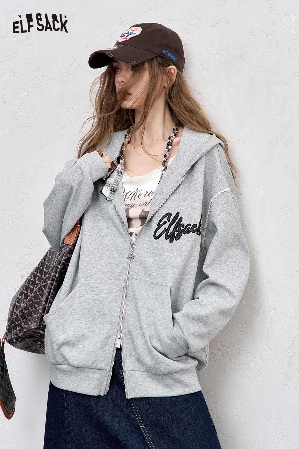 ELFSACK brushed French terry zip up hoodie in gray with large pockets and stylish logo detail