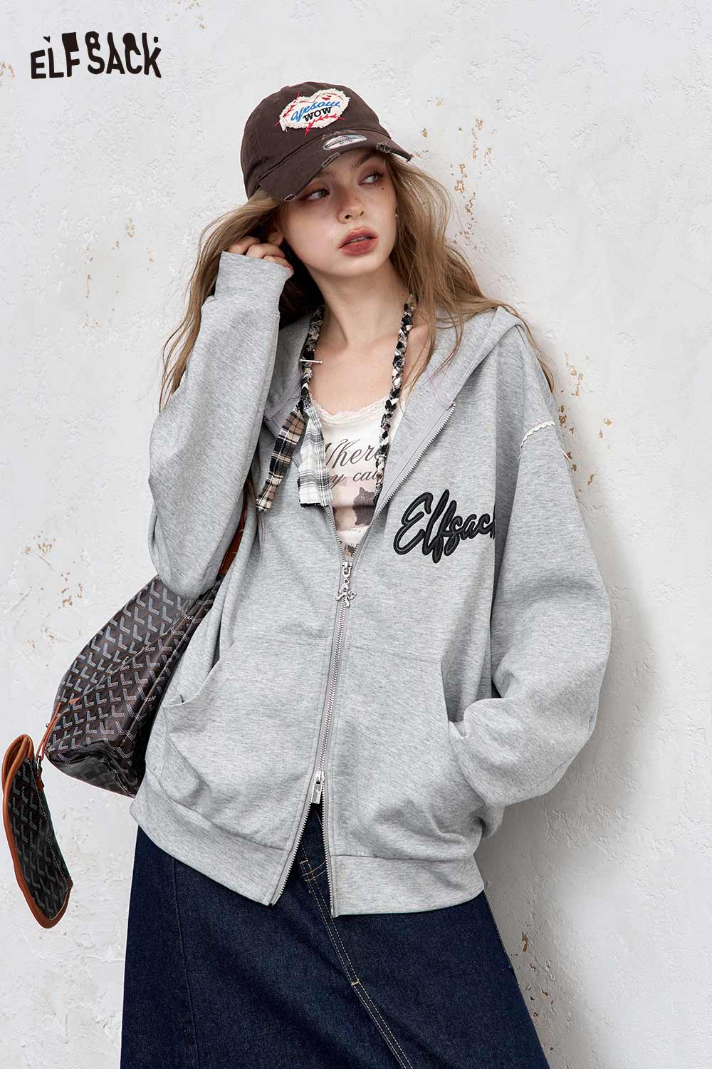 ELFSACK brushed French terry zip up hoodie in gray with a casual relaxed fit and stylish design