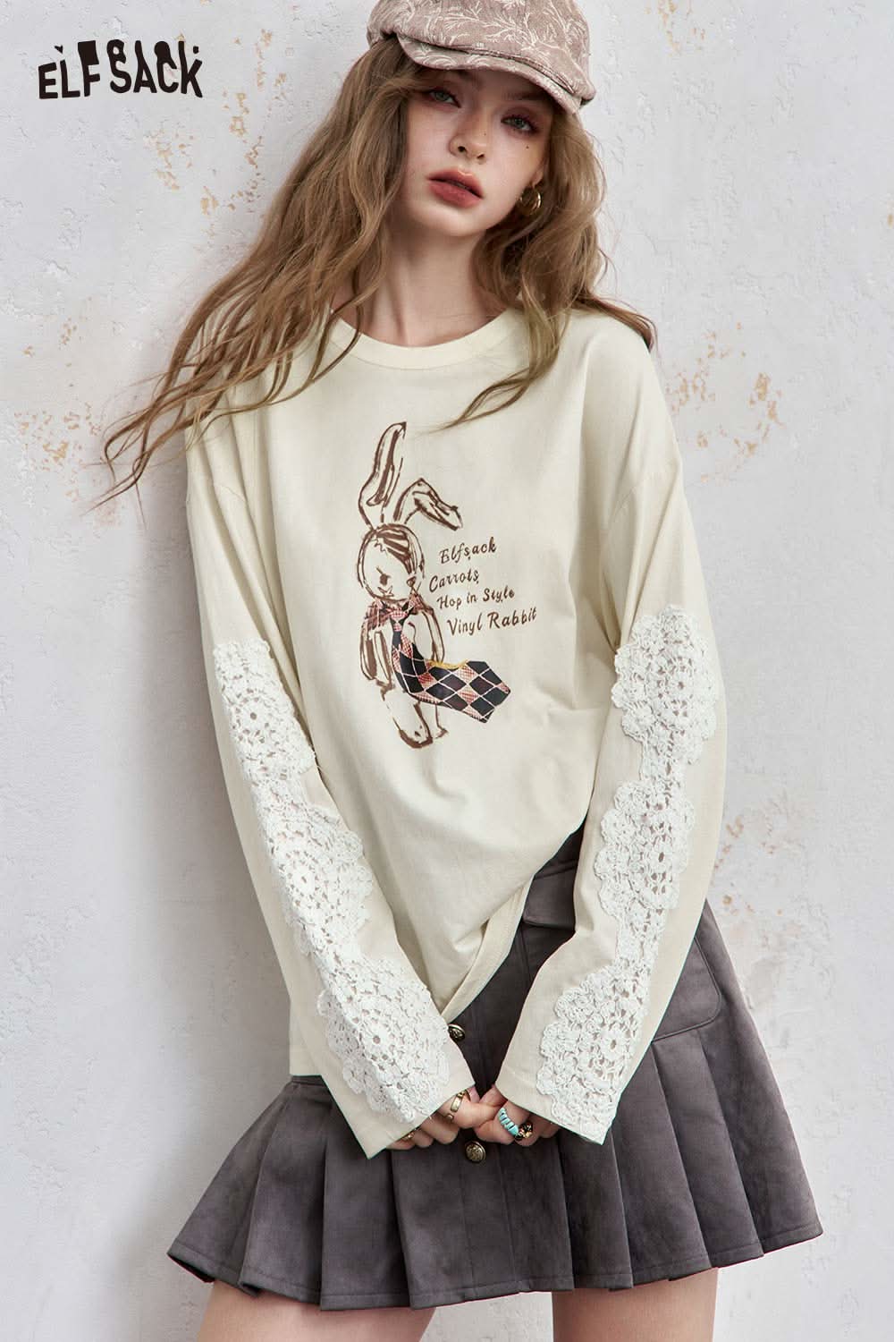 ELFSACK Bunny Graphic Tee for Women with Floral Sleeves and Vintage Look