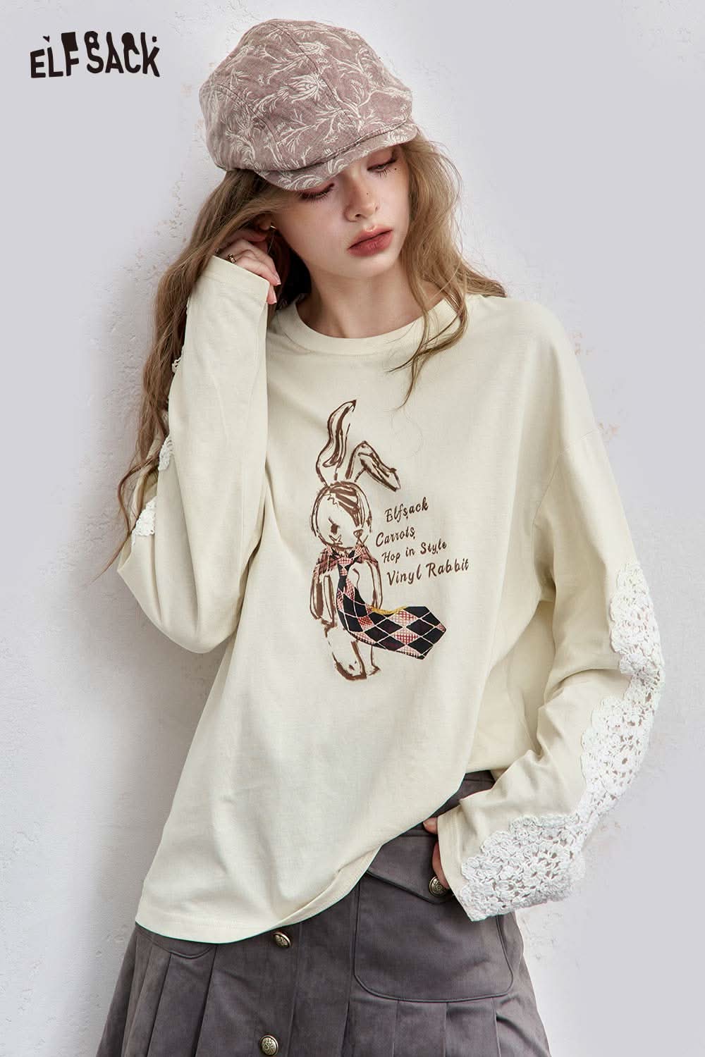 ELFSACK bunny graphic tee for women with unique rabbit design and lace details on sleeves