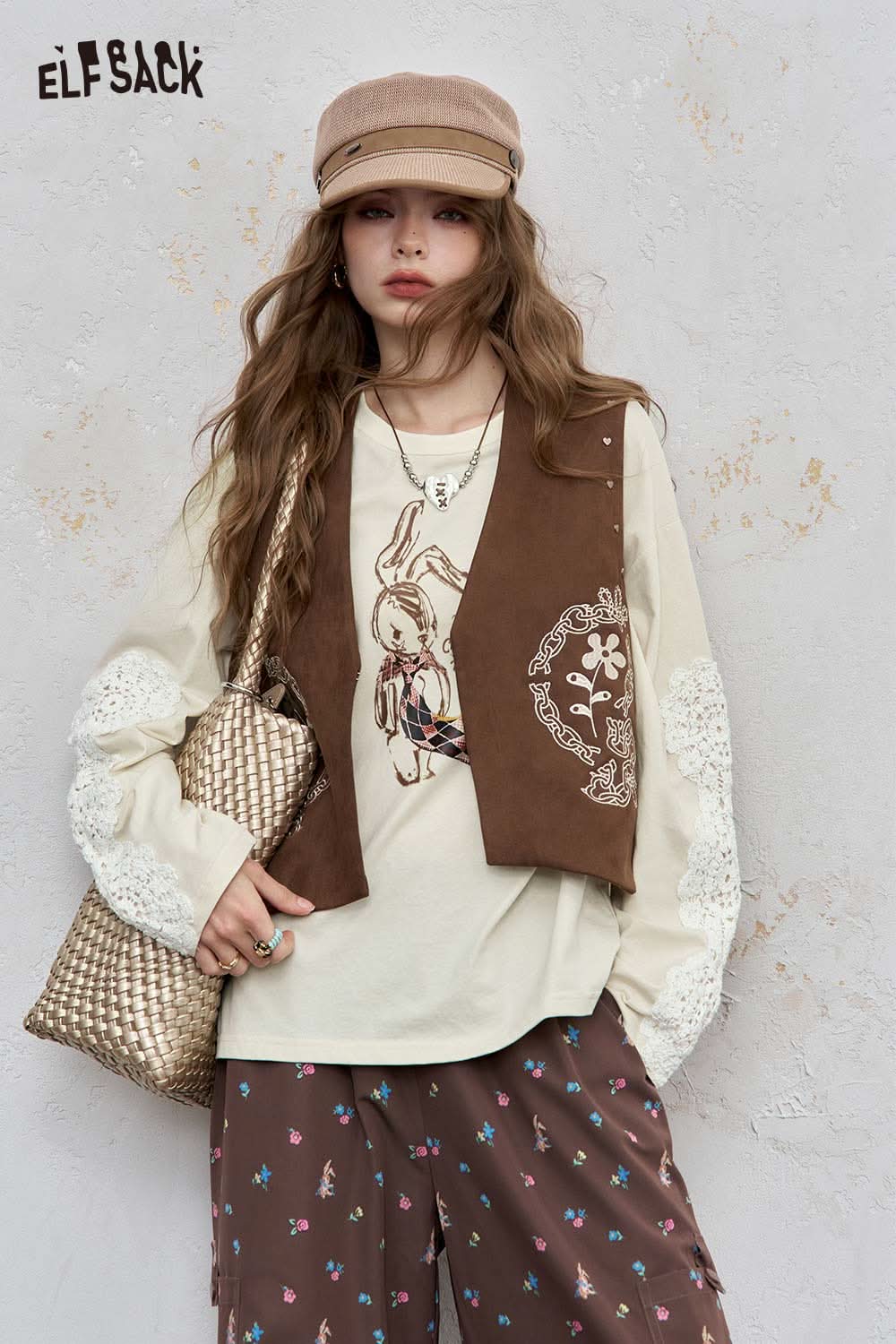 ELFSACK women's bunny graphic tee for women with vintage design and layered sleeves
