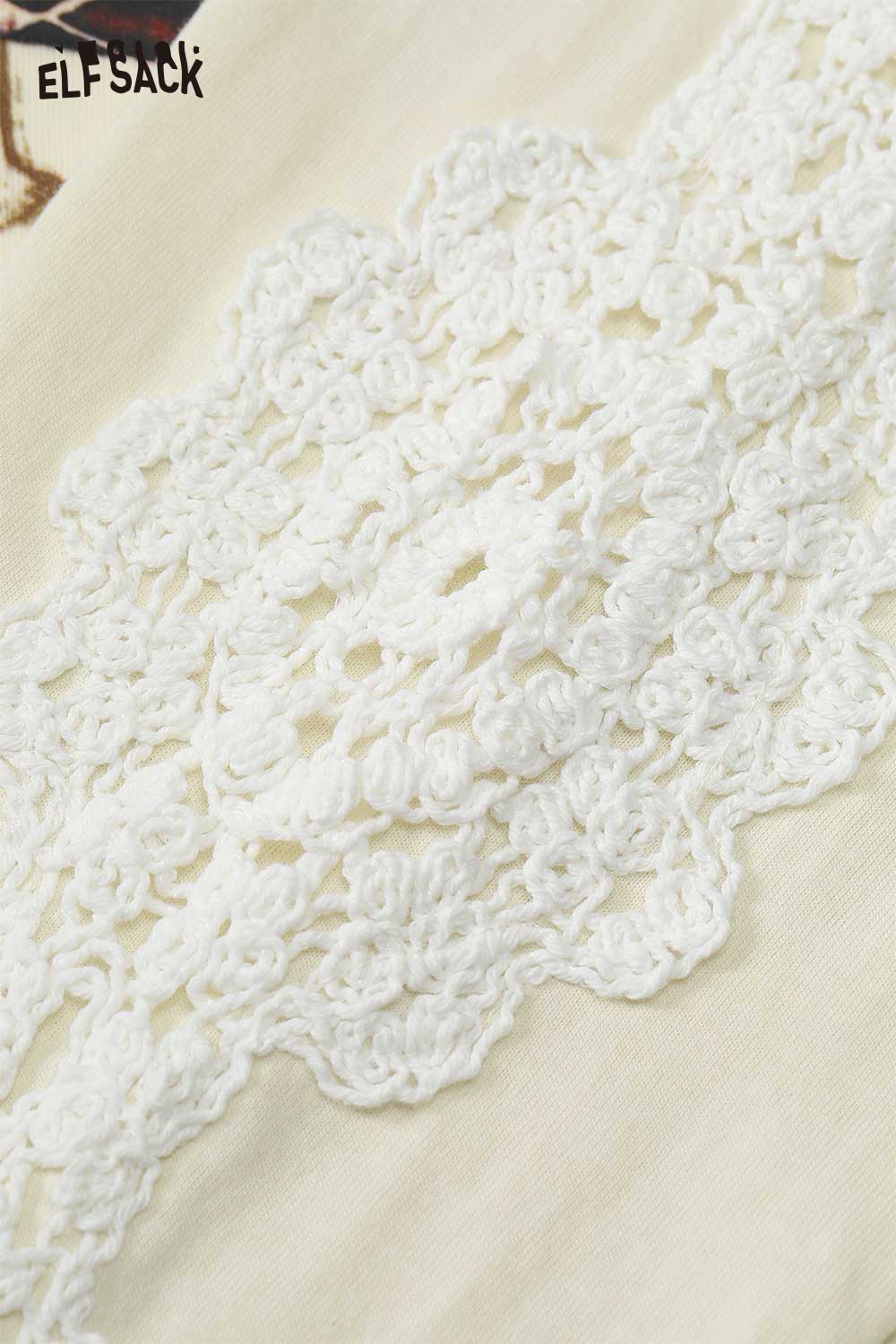 Cream ELFSACK bunny graphic tee for women featuring intricate lace detailing.