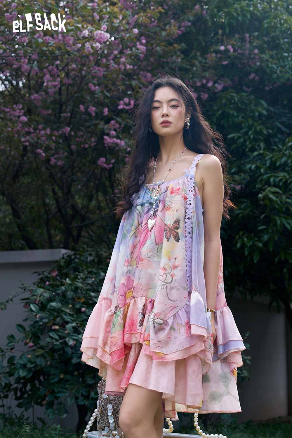 ELFSACK Butterfly Lace Ruffle Slip Dress