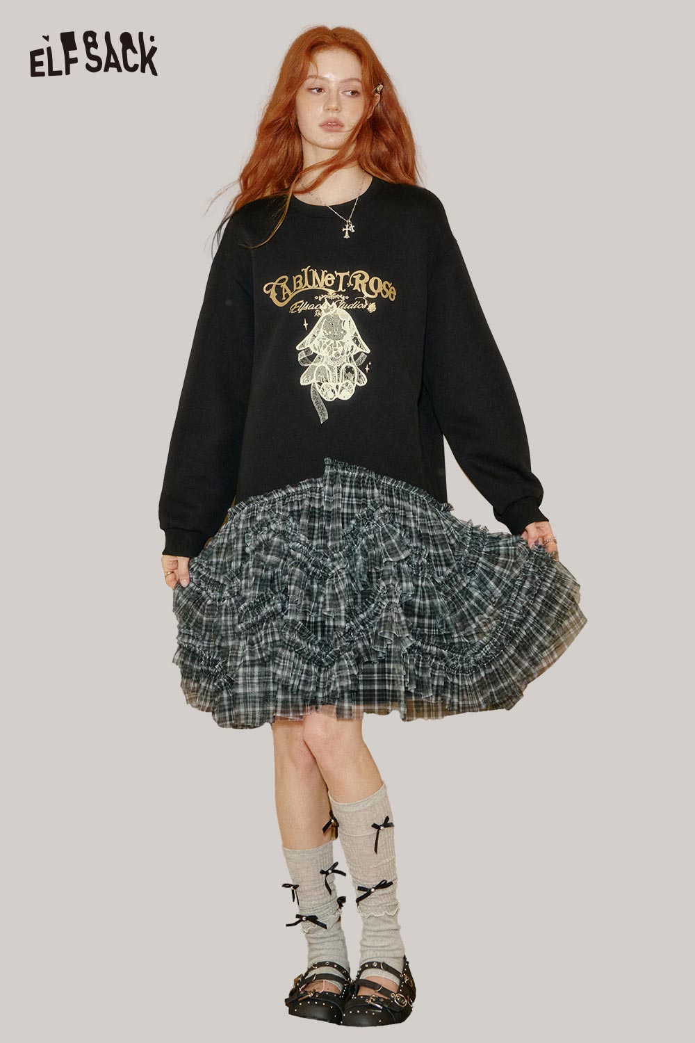ELFSACK cotton blend graphic print shift dress with a layered ruffled skirt for a trendy look