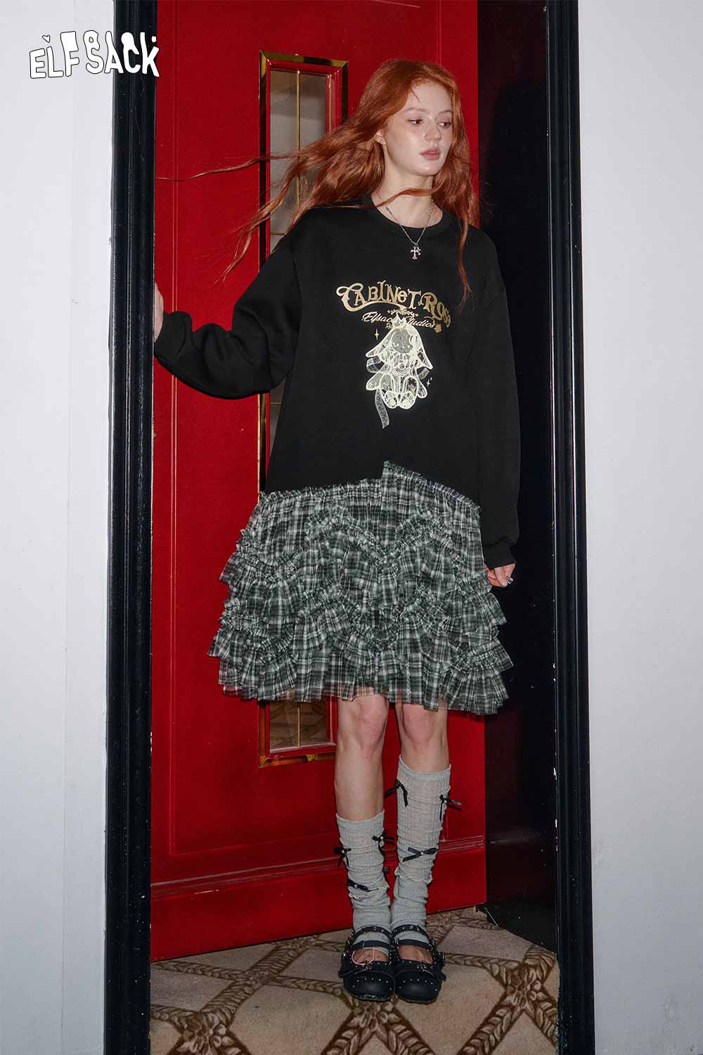 ELFSACK cotton blend graphic print shift dress layered under a black oversized sweater