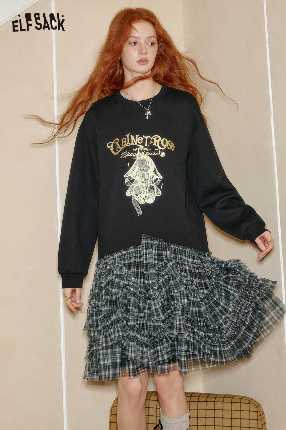 ELFSACK cotton blend graphic print shift dress featuring a stylish layered design and playful plaid ruffles