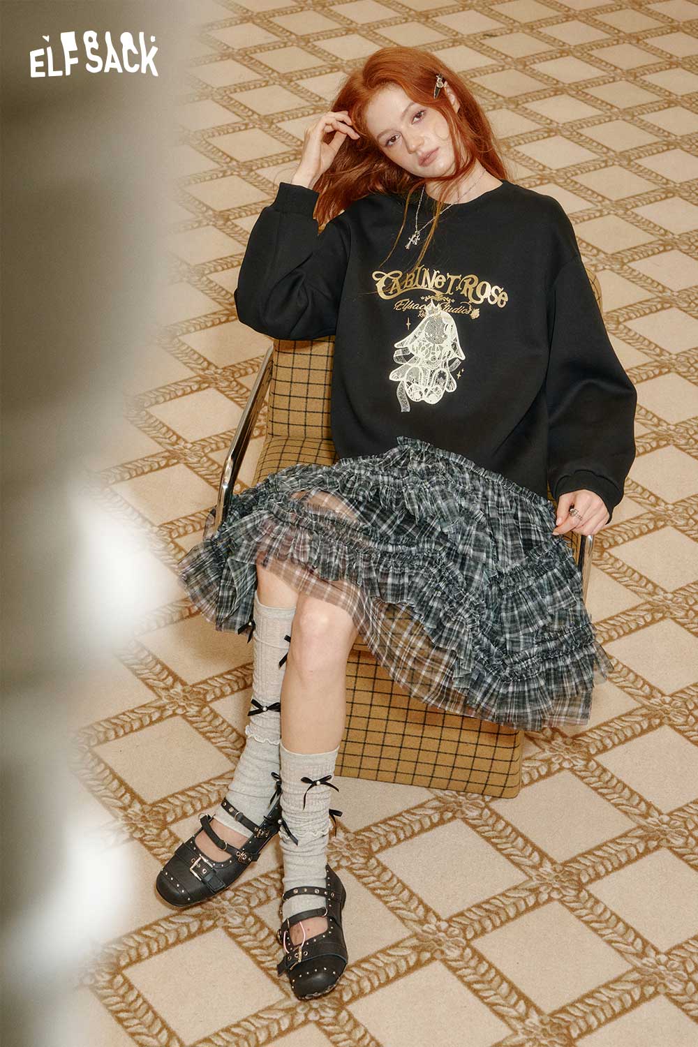 ELFSACK cotton blend graphic print shift dress with a stylish, layered look and unique design