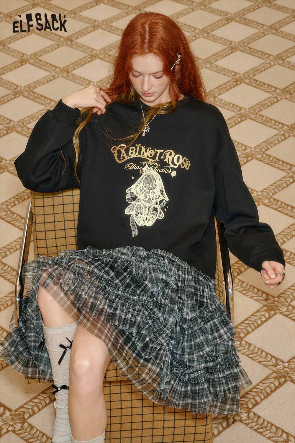 ELFSACK cotton blend graphic print shift dress paired with a stylish black oversized sweatshirt