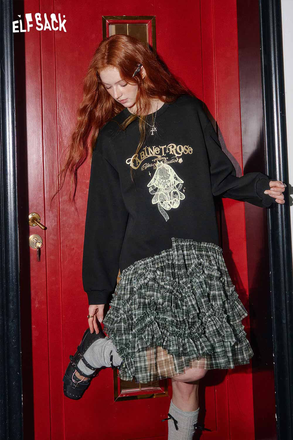 ELFSACK cotton blend graphic print shift dress featuring a layered plaid skirt and graphic top for a trendy look