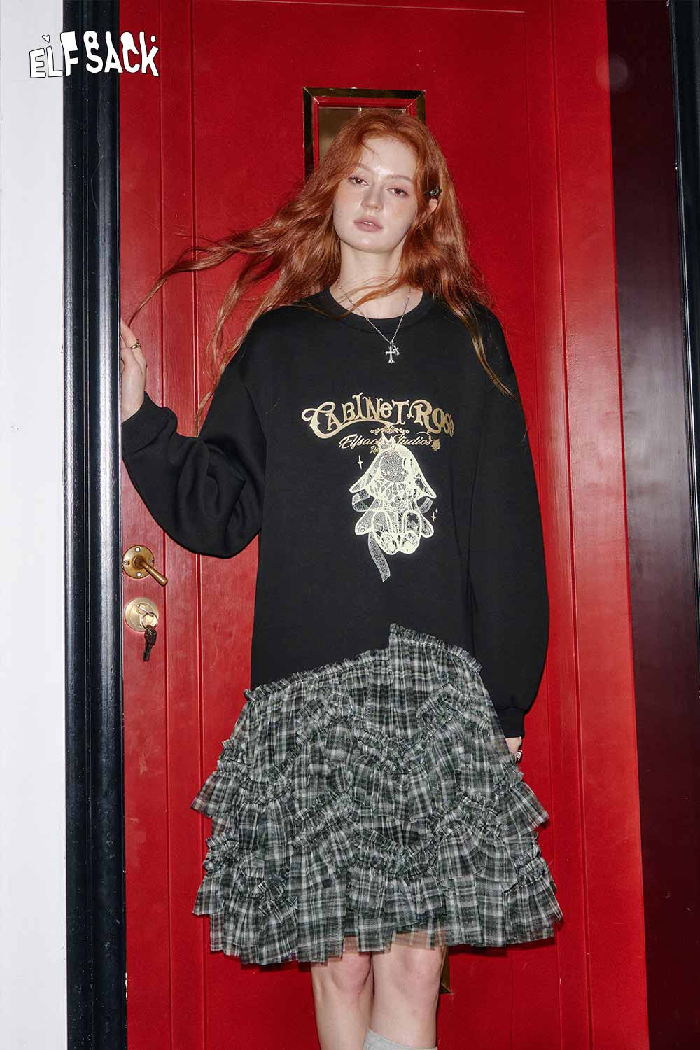 ELFSACK cotton blend graphic print shift dress with ruffled plaid skirt and trendy black sweatshirt