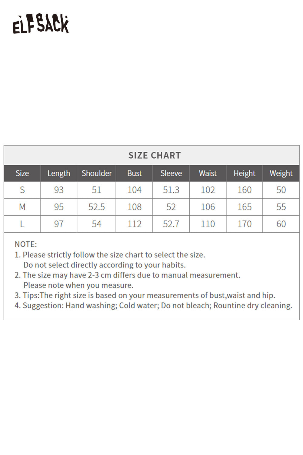 ELFSACK cotton blend graphic print shift dress size chart with measurement details for optimal fit