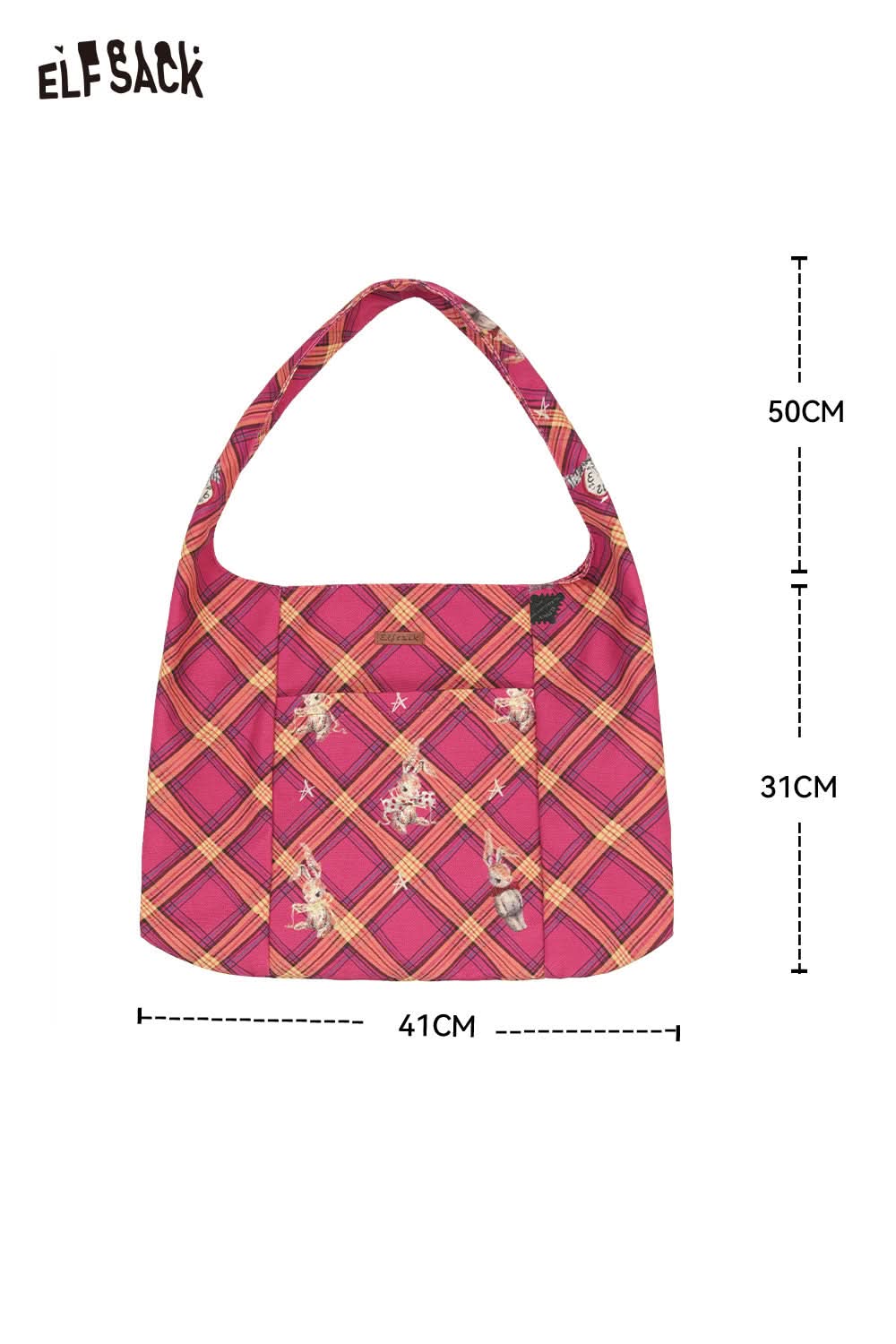 ELFSACK canvas cartoon rabbit tote bag in pink with plaid pattern and spacious interior
