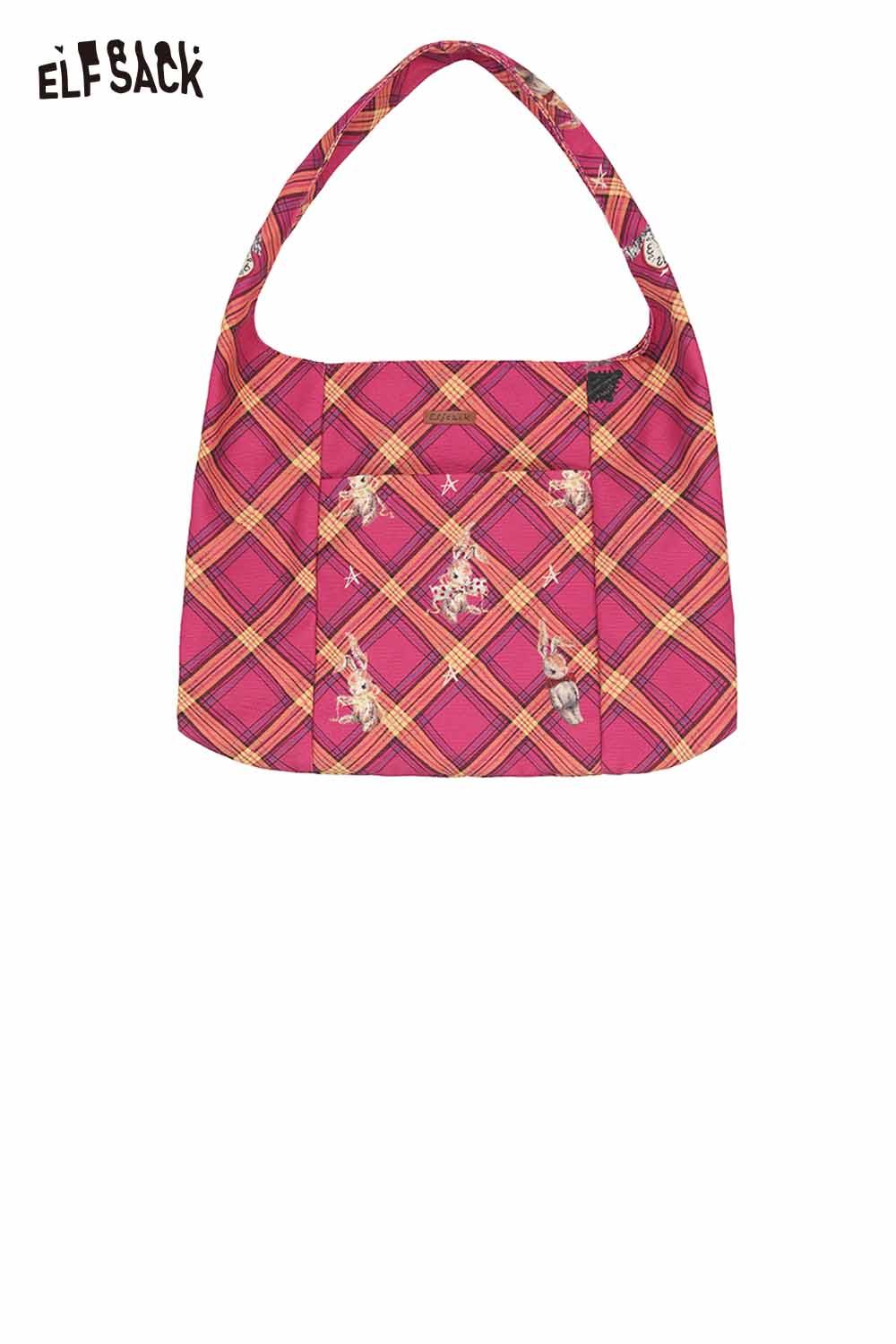 ELFSACK Canvas cartoon rabbit tote bag in vibrant pink plaid pattern with artistic design