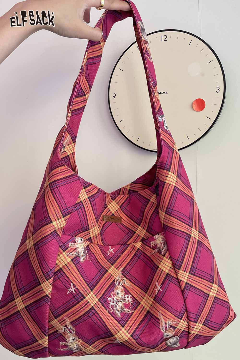 ELFSACK canvas cartoon rabbit tote bag in pink plaid design with playful rabbit graphics