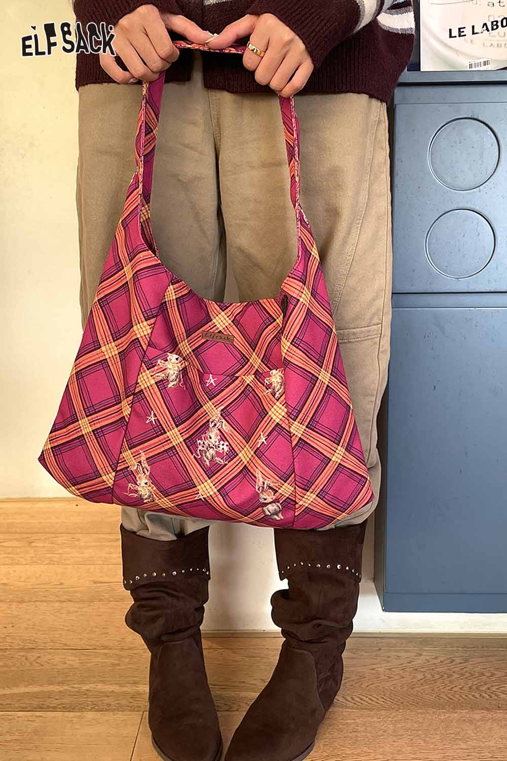 ELFSACK plaid canvas cartoon rabbit tote bag ideal for everyday use and stylish carry